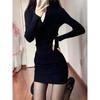 Elegant Black V-Neck Knitted Dress - Slim Fit, Long Sleeve, Hip-Hugging Style for Women, Perfect for Autumn/Winter