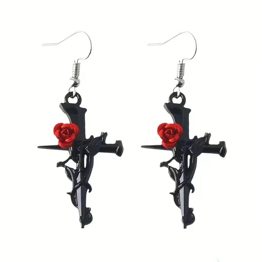 Europe and America Gun-black Cross Rose Earrings UNISEX Gothic Halloween Happy Night Rock Hip Hop Jewelry Earrings