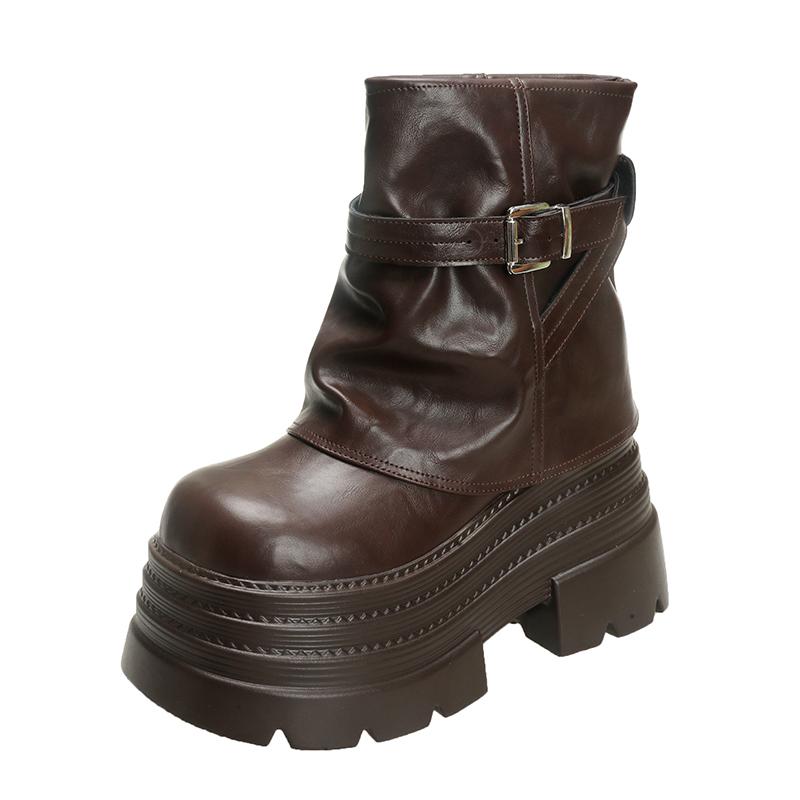 Fashion Women High Platform Ankle Boots Autumn Winter Gothic Style Leather Shoes Buckle Punk Motorcycle Boots Round Toe Chunky Sneakers