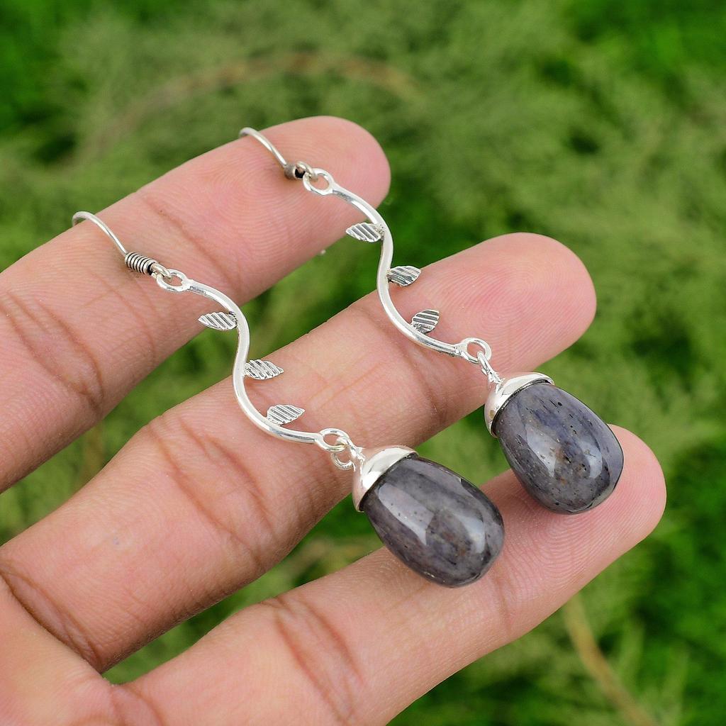 Teardrop Blue Aventurine Gemstone 925 Silver Dangle Drop Bezel Earrings Jewelry