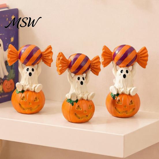 Window Sill Decoration Halloween Ghost Figurine, Cute Sitting on Pumpkin Holding Candy Figurine Statue, Spooky Resin Table Ornament for Indoor Mantle