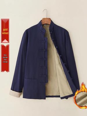 Costume Tang Homme Automne-Hiver: Veste traditionnelle chinoise chaude en coton et lin à manches longues