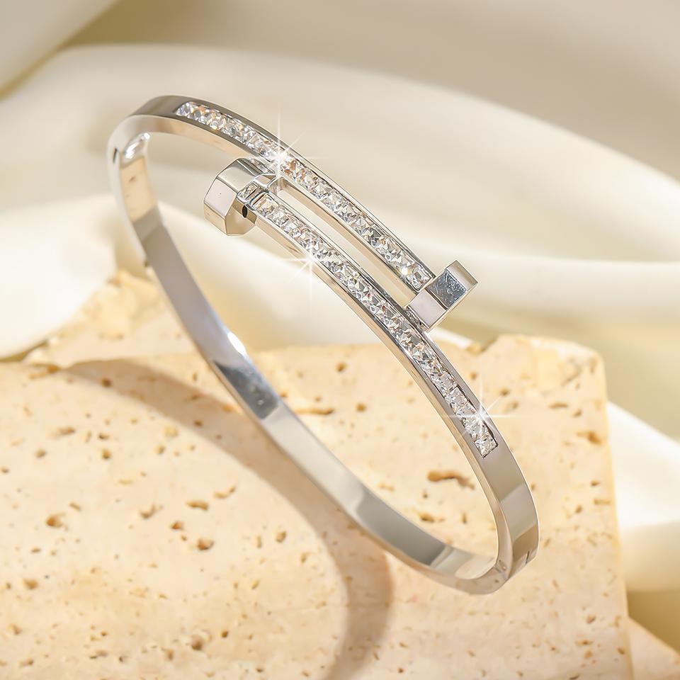 316L Stainless Steel Exquisite Nail Brand Bracelets For Women American Trendy Shining Zircon Screw Not Fading Bangle Gift