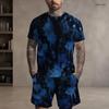 Men Plus Size Dark Blue Printed Round Neck Short Sleeve Top And Shorts Two Piece Set