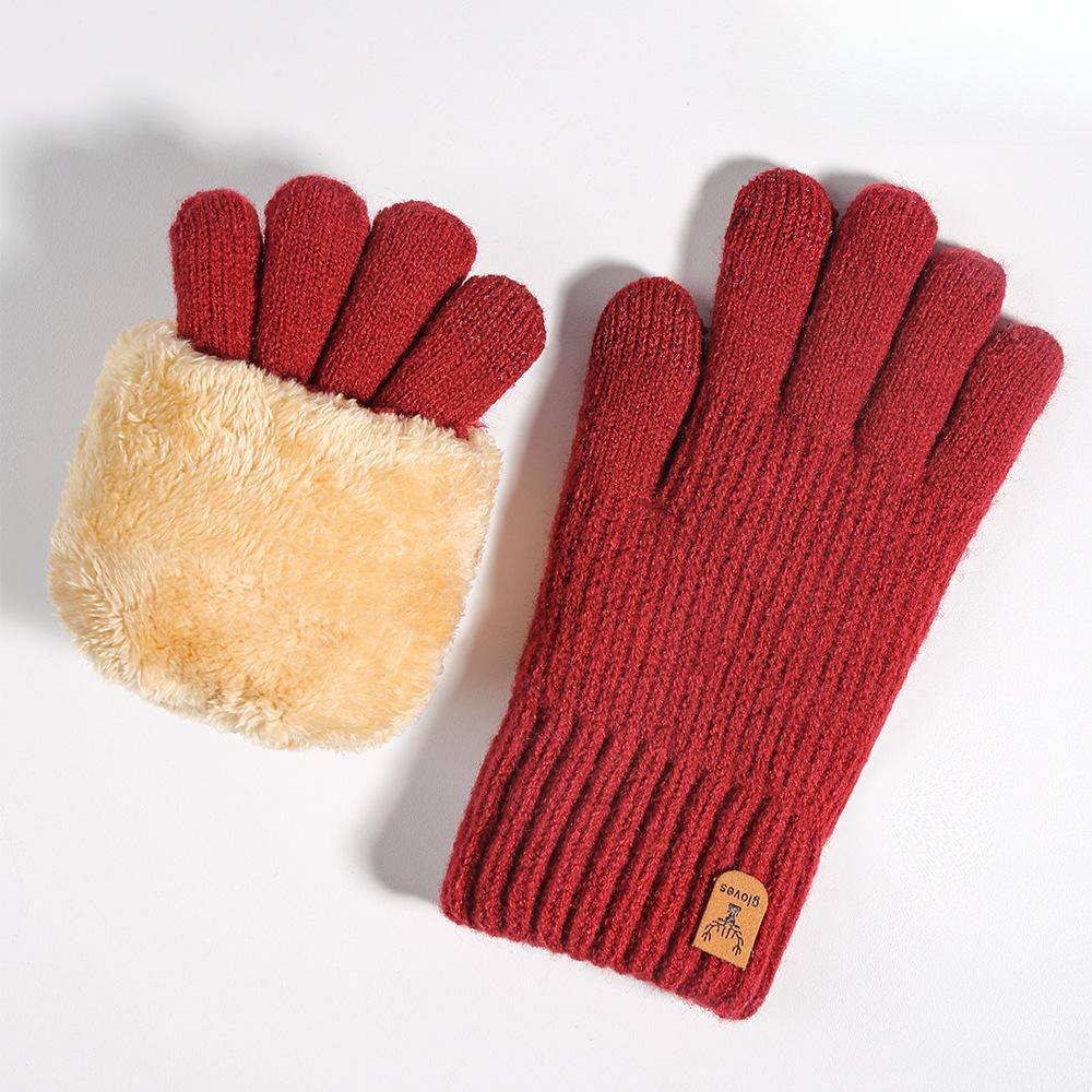 Knitted Gloves Women's Warm and Cold Proof Outdoor Cycling Double Layer Plus Velvet Thickened Touch Screen Winter Gloves