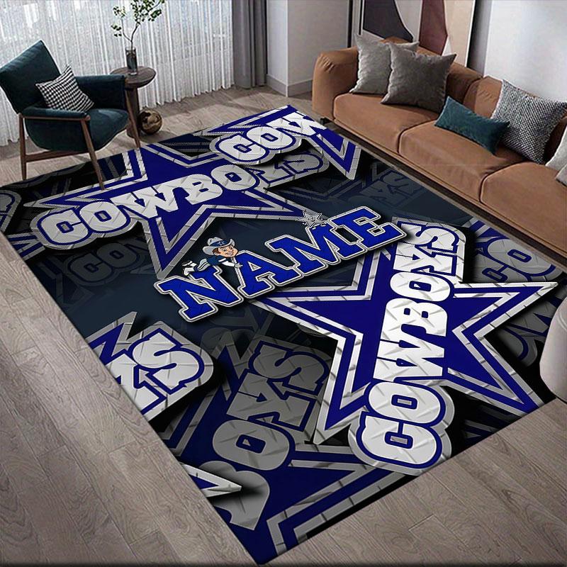 Custom Name,Dallas Cowboys Home Sofa Decoration for Living Room & Bedroom, Non‑Slip Play Flannel Floor Mat for Game Room