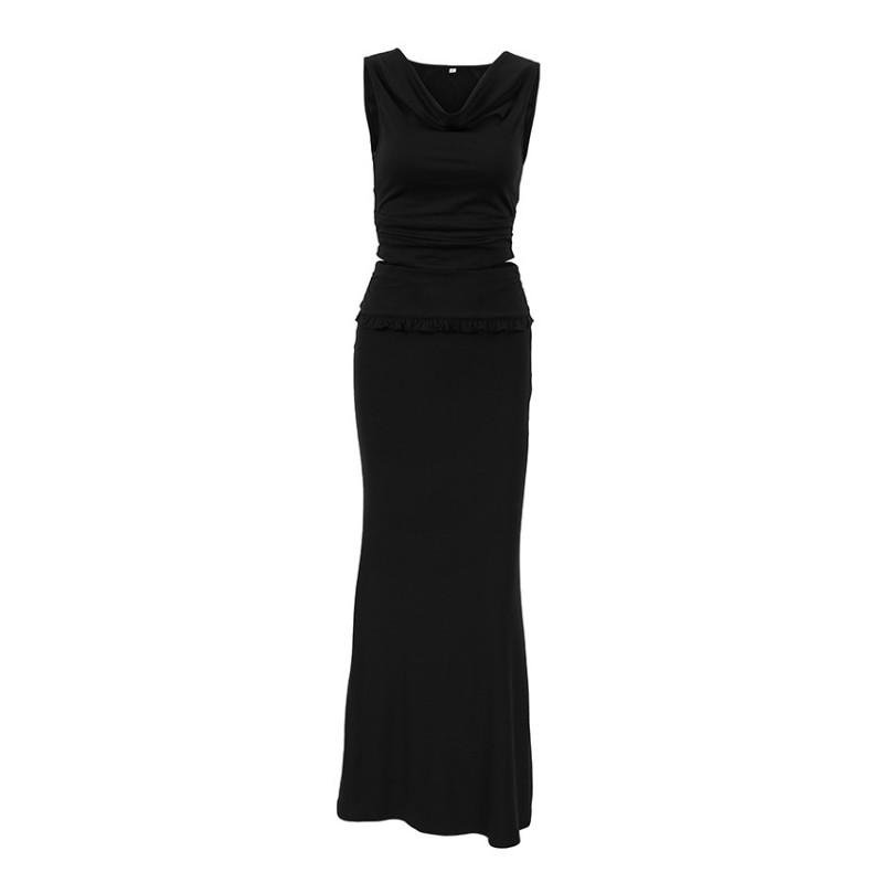 Womens 2-Piece Set Sleeveless Tank Top Long Skirt Blue Casual Elegant Style