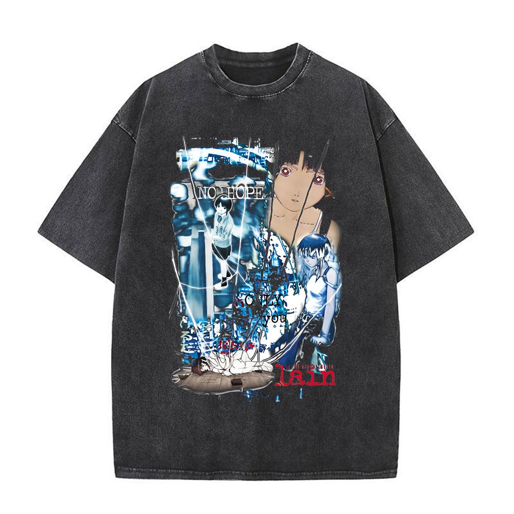 Japanese Anime Serial Experiments Lain Vintage Washed T Shirt Manga Iwakura Girl Sci Fi T-shirts Men 100% Cotton Casual T Shirt