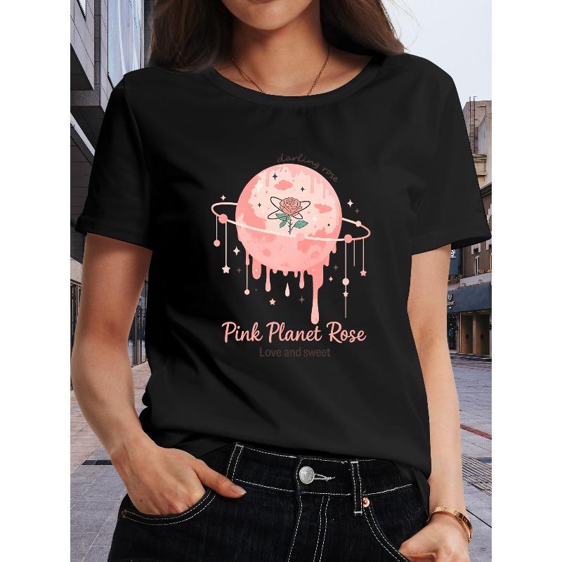 Women'S "Pink Planet Rose" Printed Short-sleeved T-shirt Moderate Elasticity, Machine Washable, Crew Neck, Fashionable Design, 2026 New Style