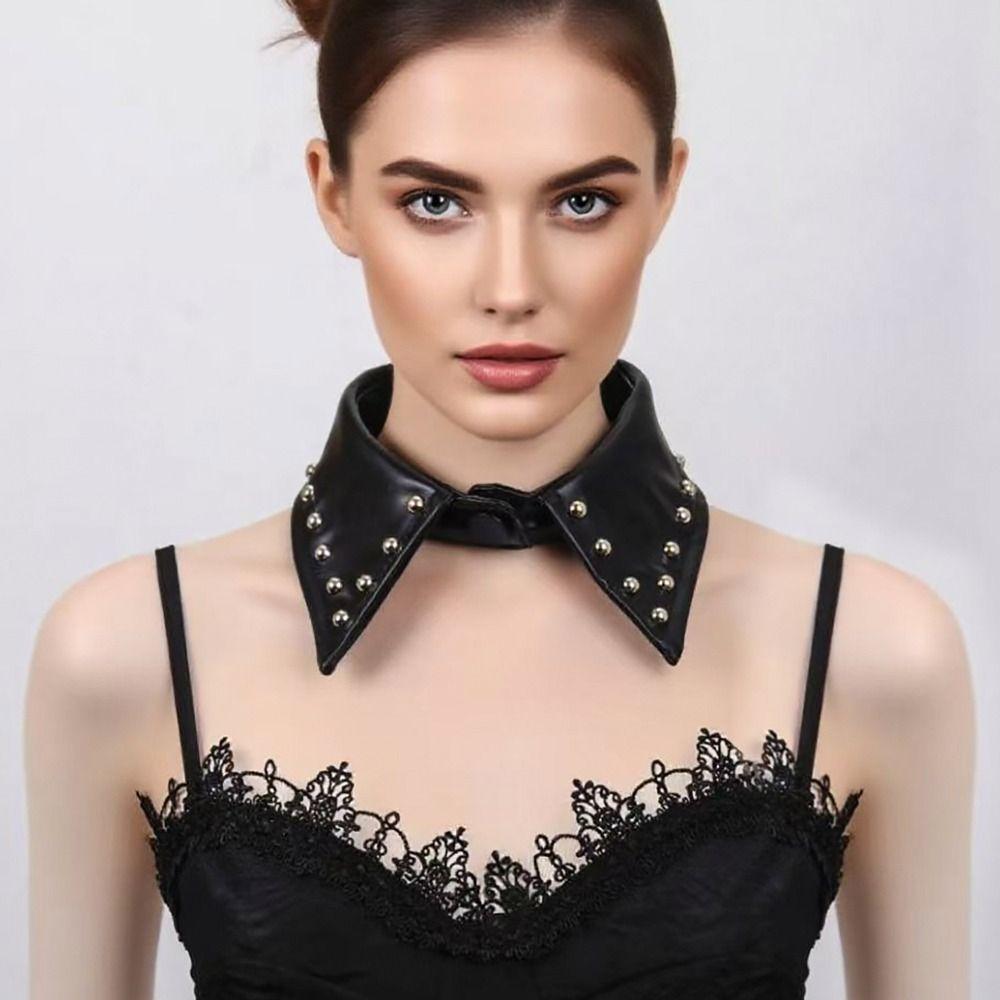 Abnehmbarer schwarzer Leder-Fake-Kragen Pu Punk-Stil Kragen Cooler Nietenkraggen Layering-Teil
