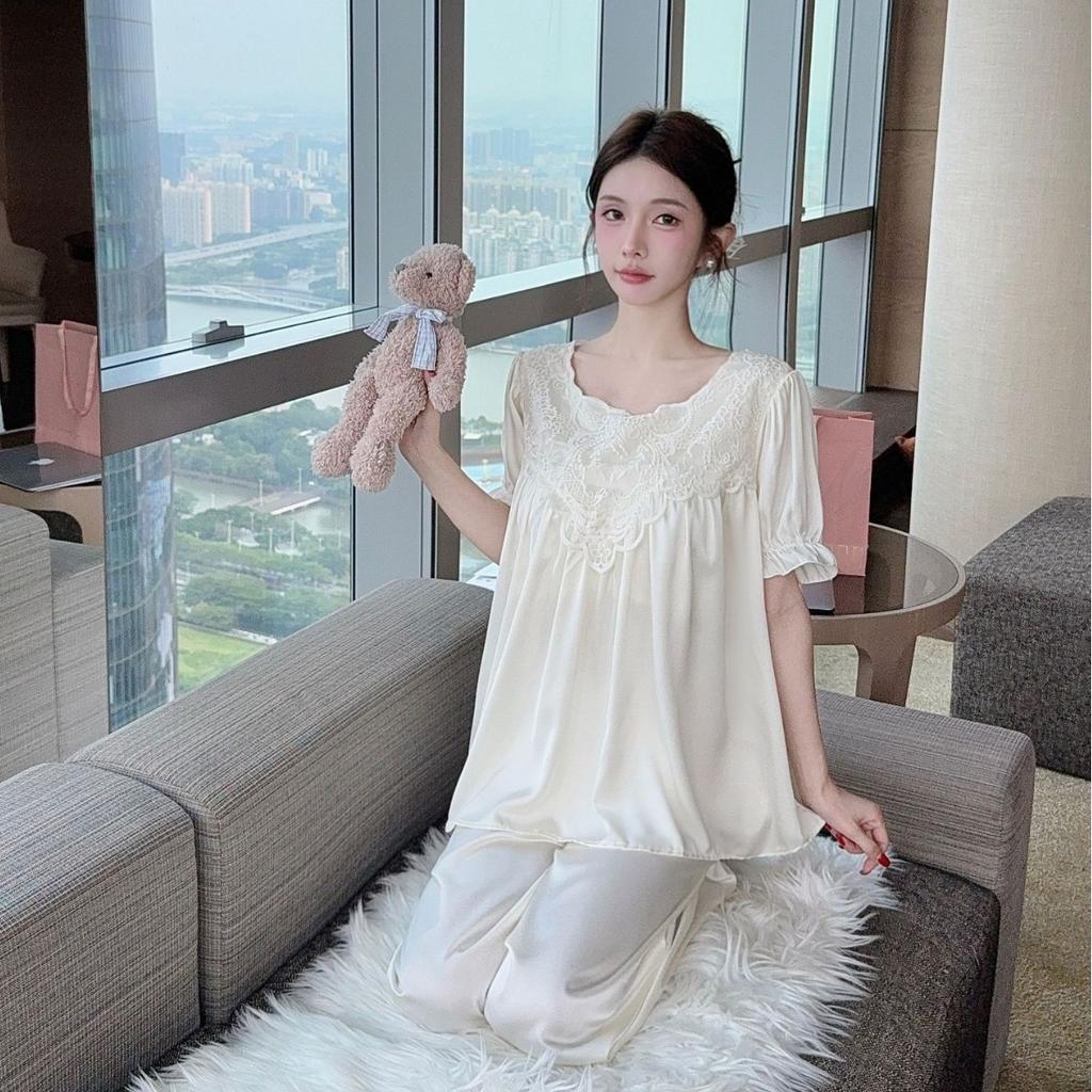 Summer new ice silk pajamas for women, palace style, French thin nightdress with padded bra, high-end girlish short-sleeved long skirt