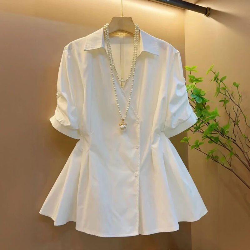 

Plus Size Women s Clothing 2026 Summer New White Short-Sleeved Shirt for Women, Slimming Casual Elegant Waist-Cinching Top for Chubby Girls White Premium Version M