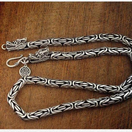 Retro Distressed Dragon Head Silver-Plated Necklace with Thai Silver Bone Chain - Versatile Hip Hop Style for Men.