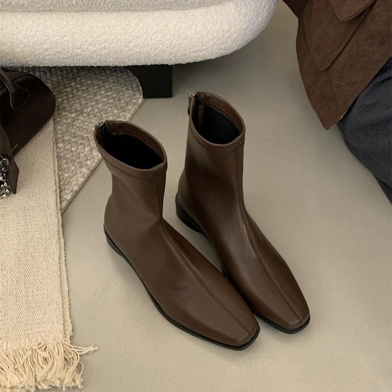 2026 Woman Autumn Ankle Boots for Women Chunky Heel Zipper Ladies Leather Shoes Soild Color Square Toe Short Botas Femininas