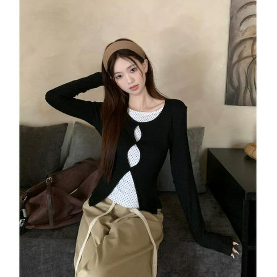 

Women s Black Polka Dot Openwork Knit Two-Piece Long-Sleeve Top - Early Autumn Design S чёрный