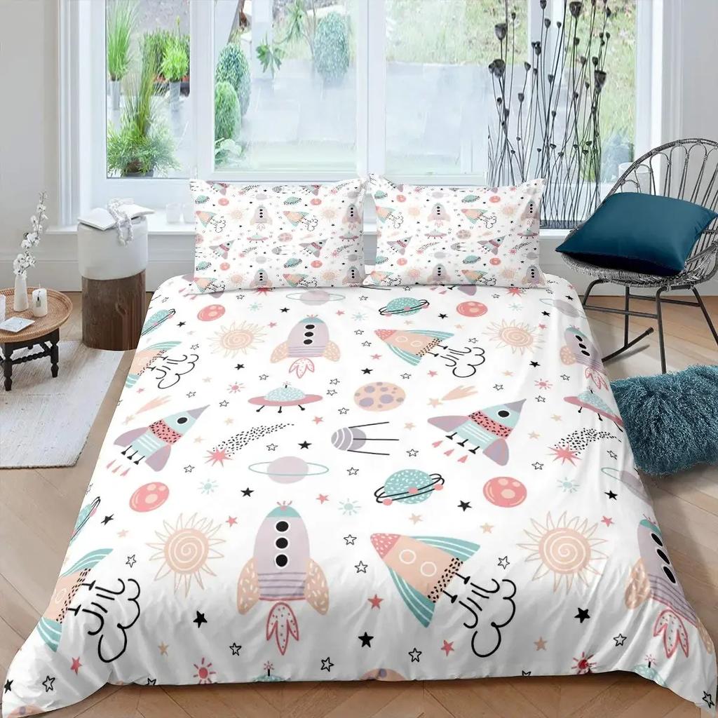 Rocket Duvet Cover Set King Size Spaceship Bedding Set Twin Microfiber Outer Space Galaxy Stars Planet Cartoon Style Quilt Cover