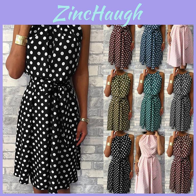 Abito midi a pois senza maniche alla moda taglie forti da donna per celebrazioni estive