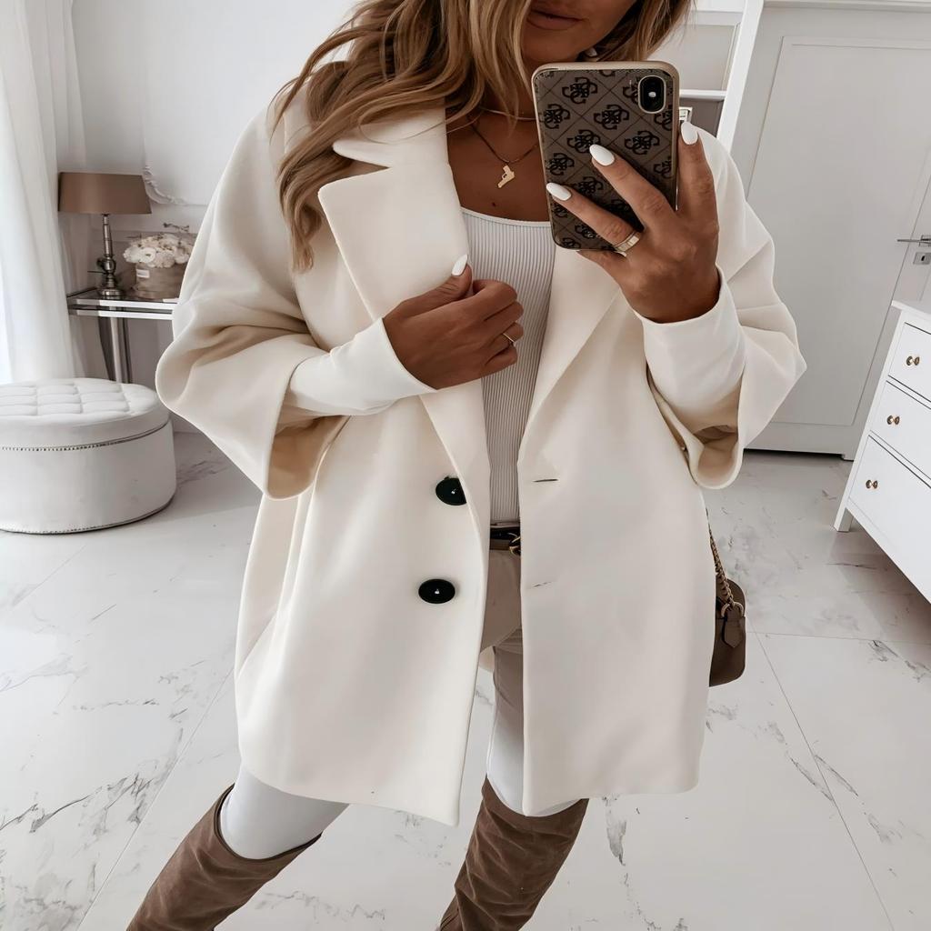 Lady Elegant Turn-down Collar Button Woolen Coat Fashion Women Autumn Loose Tops Outerwear Winter Long Sleeve Pocket Jacket