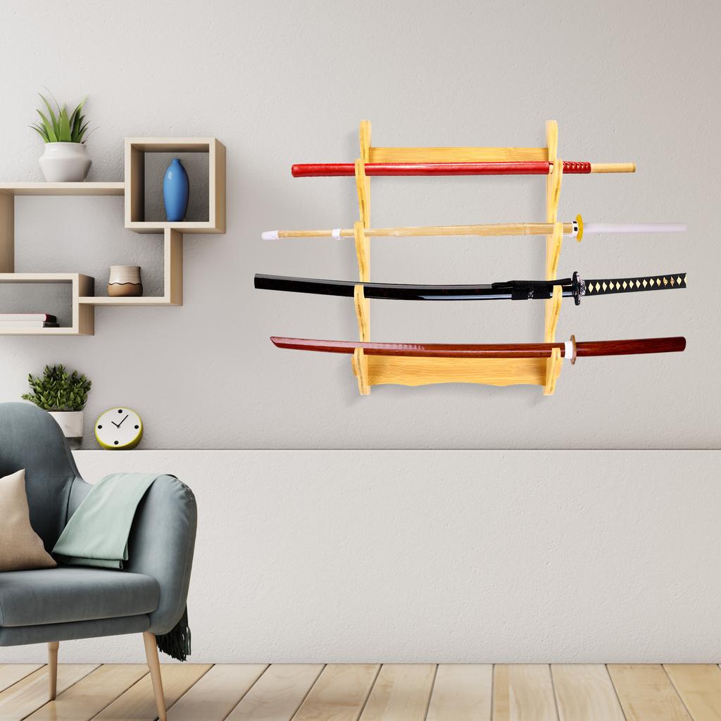 4-Tier Wall Mounted Bamboo Display Rack for Swords, Katana, Fishing Rods & Collectibles. Modern Storage Shelf with 20kg Capacity