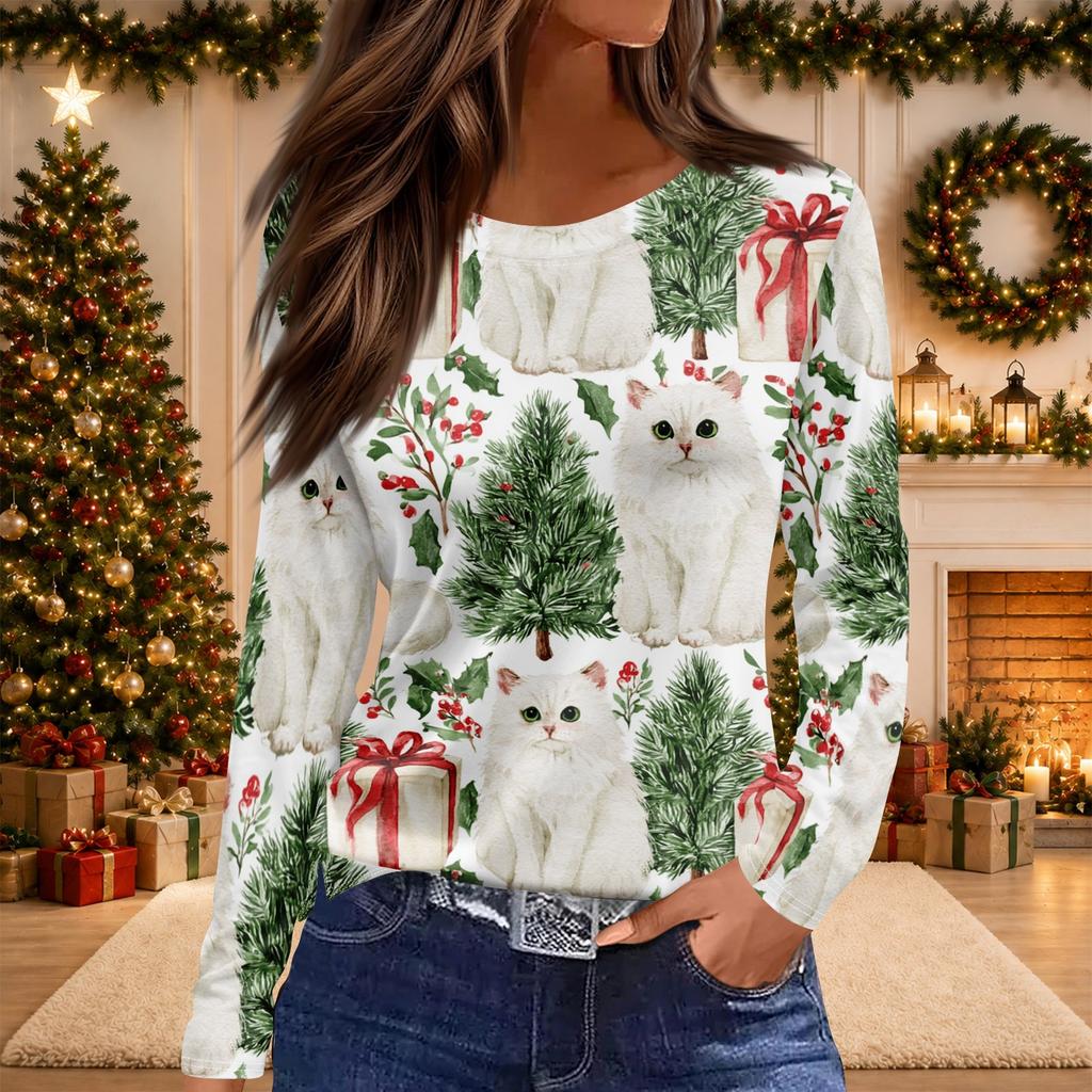 Women's Christmas Print Long Sleeve Top with Side Slit Hem and Round Neck for Holiday Parties