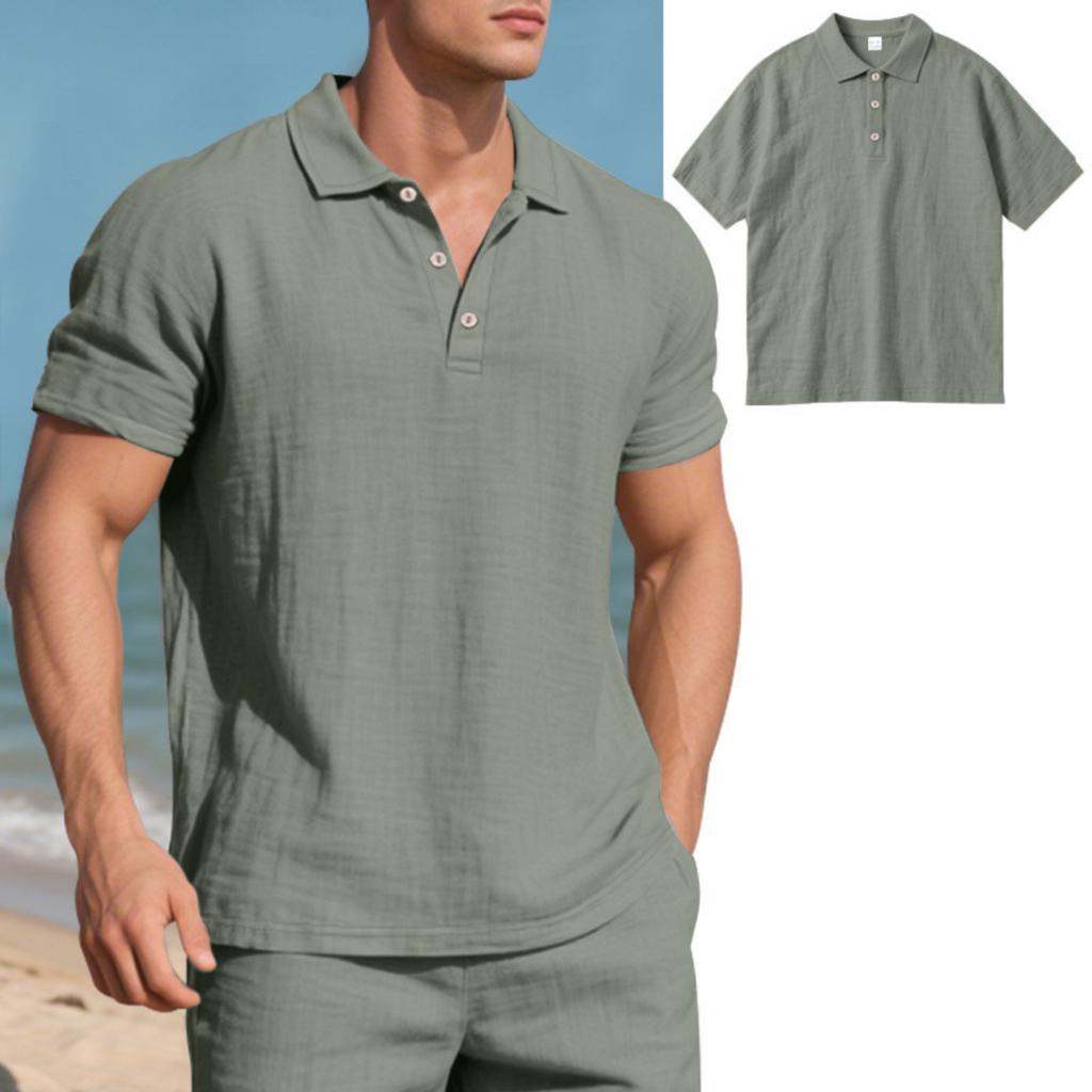 Men's Linen Shirts Golf Short Sleeve Shirts Casual Summer Beach  Solid Color Tops