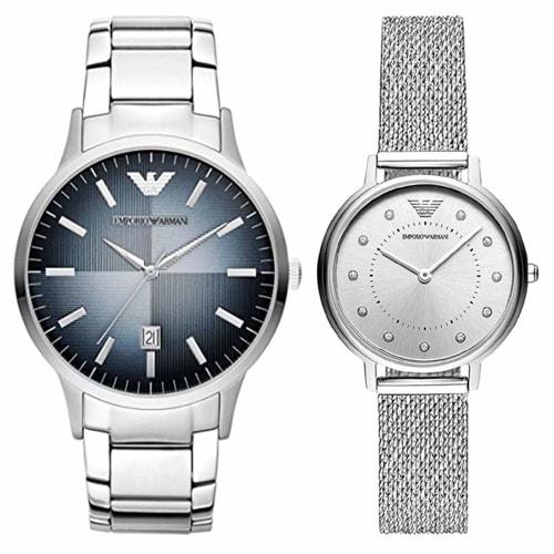 Emporio Armani Pair Watch Storage Box for Men and Women, Silver and Rose Gold, AR11182AR11128