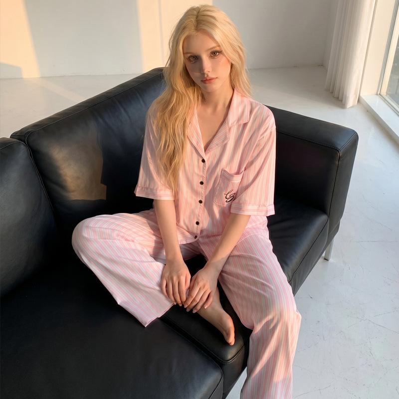 Premium pajamas women's summer new bat sleeves short sleeves trousers simple stripes thin loose loungewear set