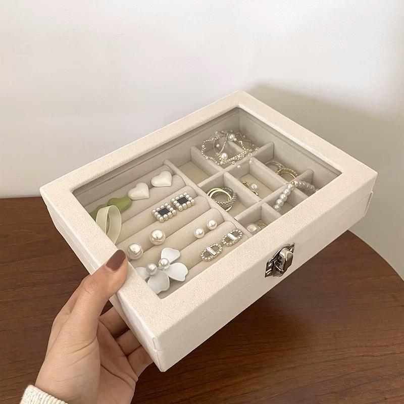 Elegant Velvet Jewelry Box with Lock - Compact Dustproof Storage for Rings, Necklaces, Earrings & More with Glass Lid