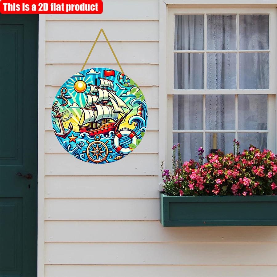 2D flat 20*20cm 1pc Retro Cartoon sailboat&anchor patterns wall art ornament, rustic Nautical theme decoration for Bedroom, sailboat, beach houses a