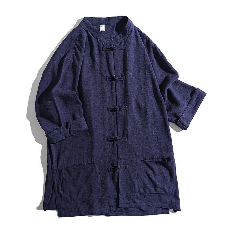 Camicie Stile Cinese Tang Suit da Uomo Moda Estiva Manica Corta Camicie Imitazione Lino Uomo Collo alla Coreana Top con Rilievo di Bambù