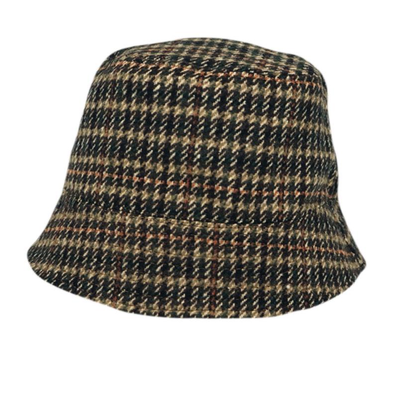 British Retro Japanese Versatile Plaid Bucket Hat Women'S Black Corduroy Double-Sided Bucket Hat Basin Hat