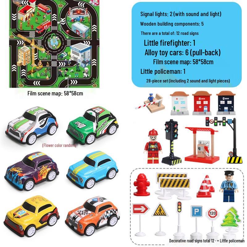 Traffic Signal and Light Educational Set: Safety Teaching Aids, Road Signs, Car Models, and Parking Scene Map