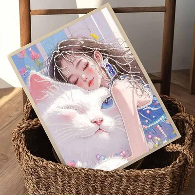 Crystal Pearl Painting 5D DIY Frame Decoration Painting Girl and Cat Home Wall Decoration Transparent Pearl Gemstone Painting Picture Art Crafts