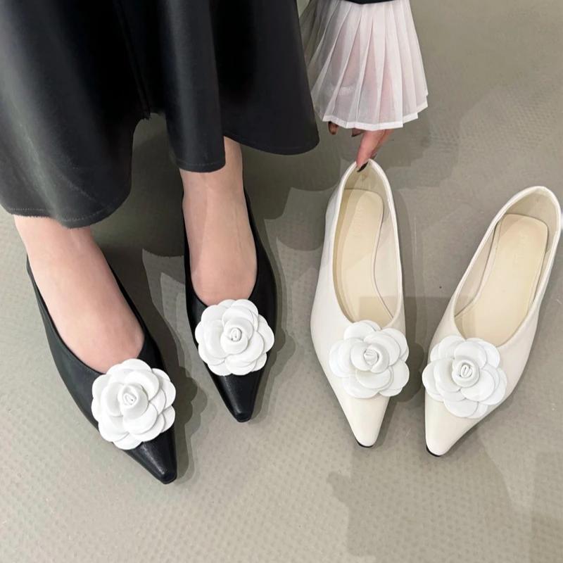 New Elegant Flowers Pointed Toe Square Heeled Flat Shoes Bridal Wedding Shoes Party Casual Shallow Mouth Overfoot Women's Shoes