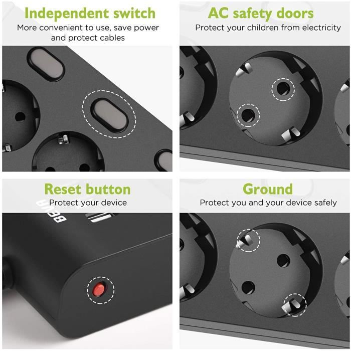 Multiprise USB - Bloc multiprise - 5 Prises - 3 Ports USB - Chargement intelligent - Blanc