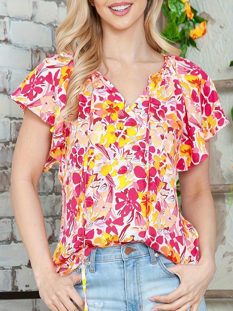 2025 Women's Summer V-Neck Ruffle Short Casual Printed Shirt