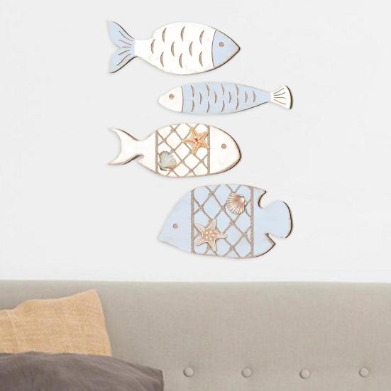 4 Pcs Wooden Fish Wall Decor Nautical Coastal Wood Fish Wall Art Rustic Hanging Beach Wall Sculpture for Lake House Home Bathroom Decor