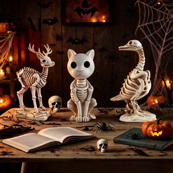 Spooky Yard Display Skeleton Animal Statue, Deer Cat Duck Figurine, Resin Indoor Outdoor Halloween Decor Ornament for Table Centerpiece, Front