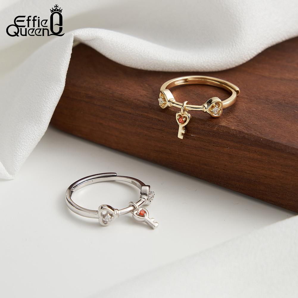 Effie Queen 925 Sterling Silver Zirconia Pendant Open Rings Wedding Tassel Chain Promise Ring Finger Band Fashion Jewelry Gift