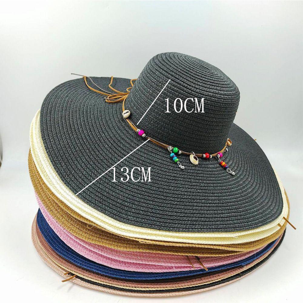 Ladies' Summer Straw Hat 13CM Large Brimmed Beach Hat Sunshade Hat Outdoor Beach Travel Hat Foldable