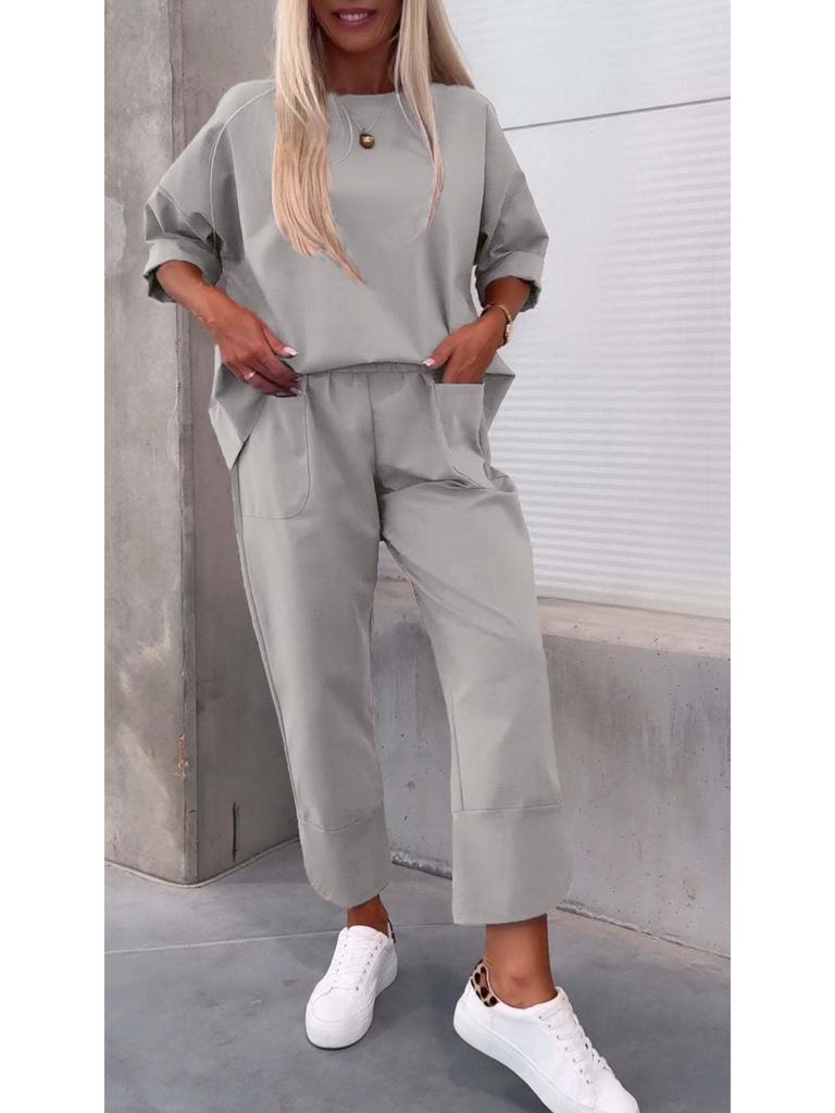 2024 European and American Casual Fashion Solid Color Women's Two-Piece Sports Set