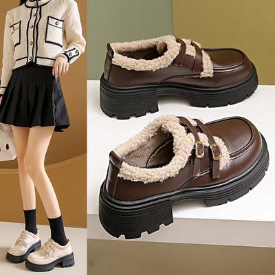 Damen Herbst Dicke Ferse Dicke Sohle Slipper Loafer Warmer Baumwollfutter Bequeme Freizeitschuhe für Kaltes Wetter