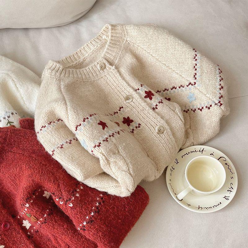 2024 Damen Cardigan mit Blumenstickerei - Frühling/Herbst, Rundhalsausschnitt, Einreiher