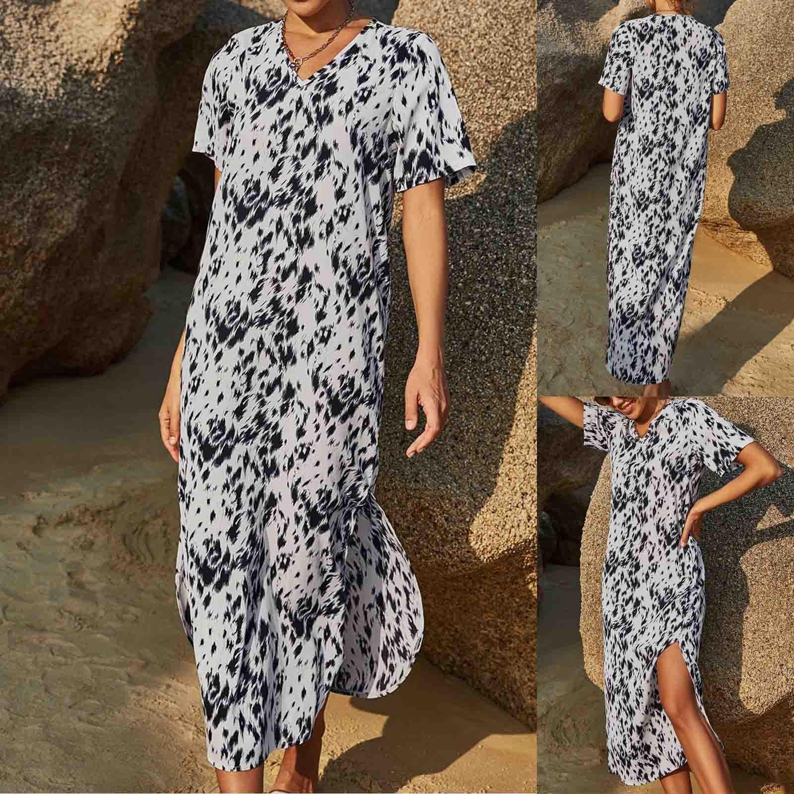 

Женская мода Сексуальное летнее платье миди в стиле бохо с цветочным принтом Длинное платье с V-образным вырезом на пляже