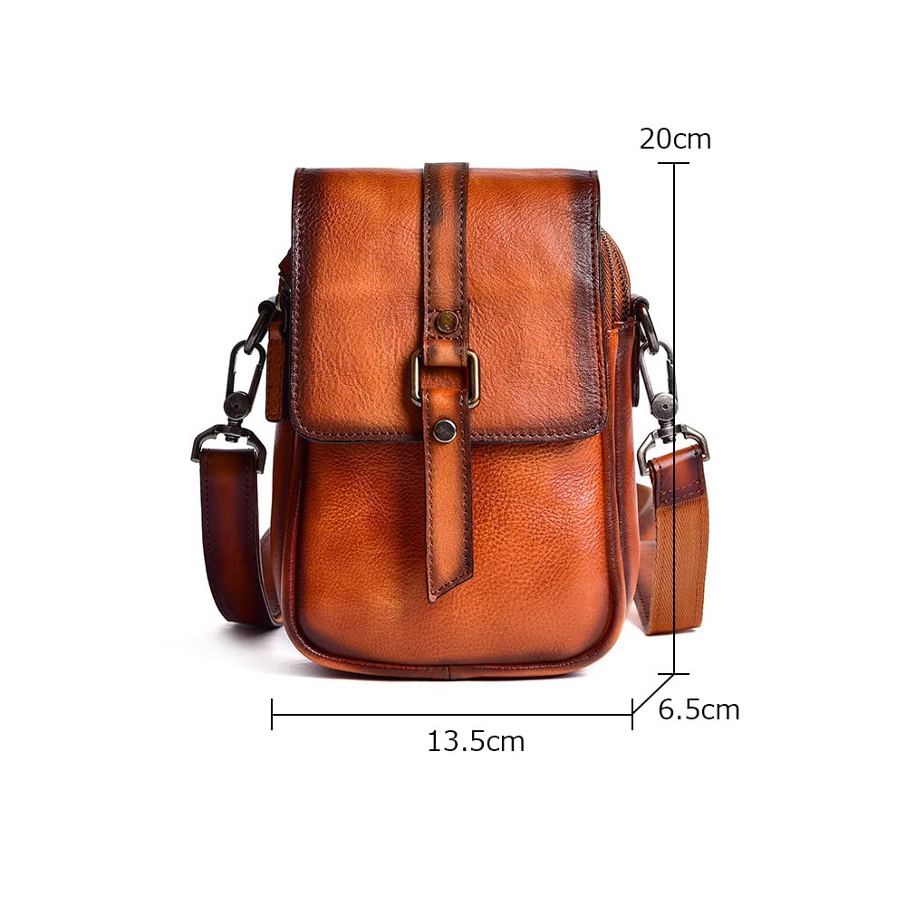 Whatna Antique-Style Tanned Natural Cowhide Leather Mini Shoulder Bag for Men, Small Messenger Bag, Shoulder Pouch, Vertical Design, Fits iPad Mini,