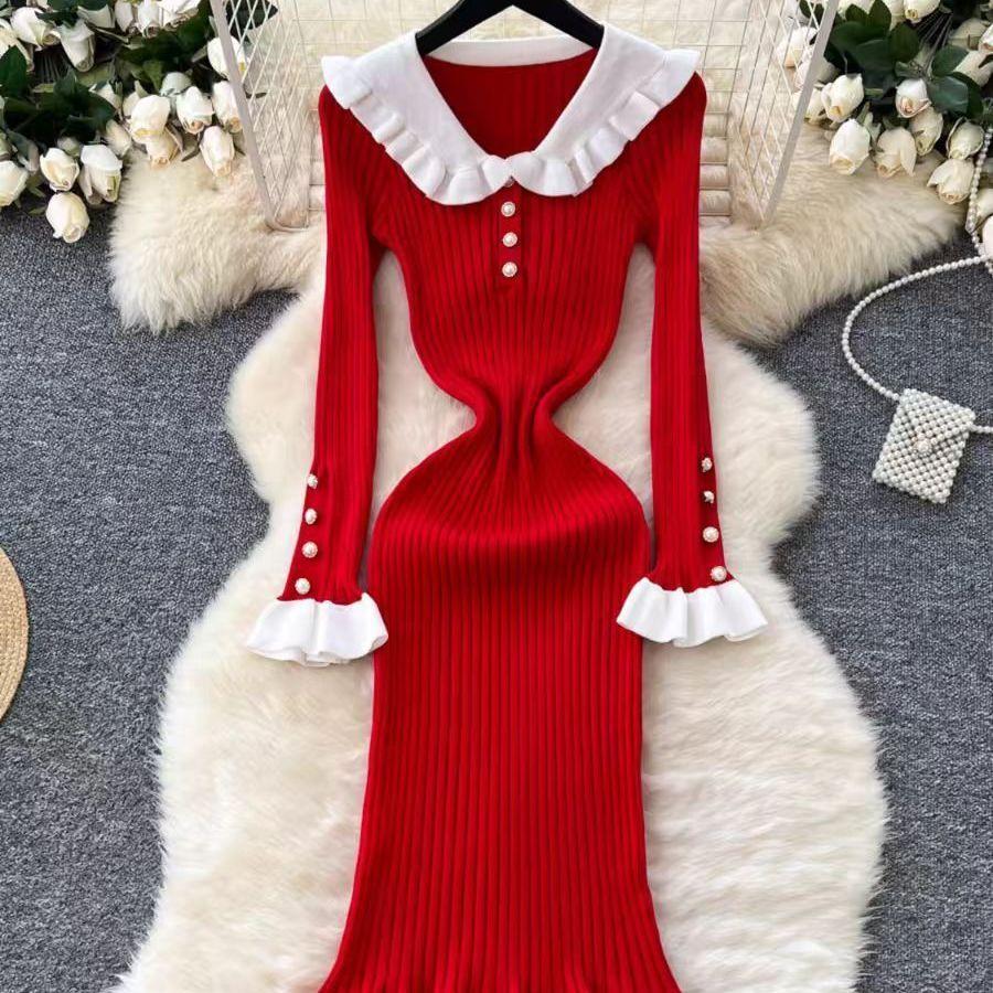 French Retro Contrasting Colors, New Navy Collar Knitted Dress, Spring Slim and Thin Temperament Lotus Leaf Dress