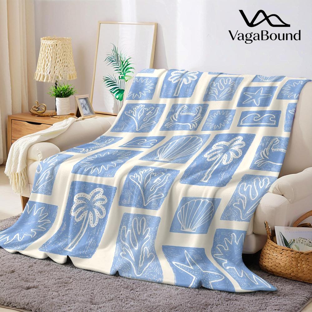 Coastal Blue Tile Flannel Blanket Warm Soft Halloween Christmas Couch Warm Cozy Decorative Decor Gift for All Season