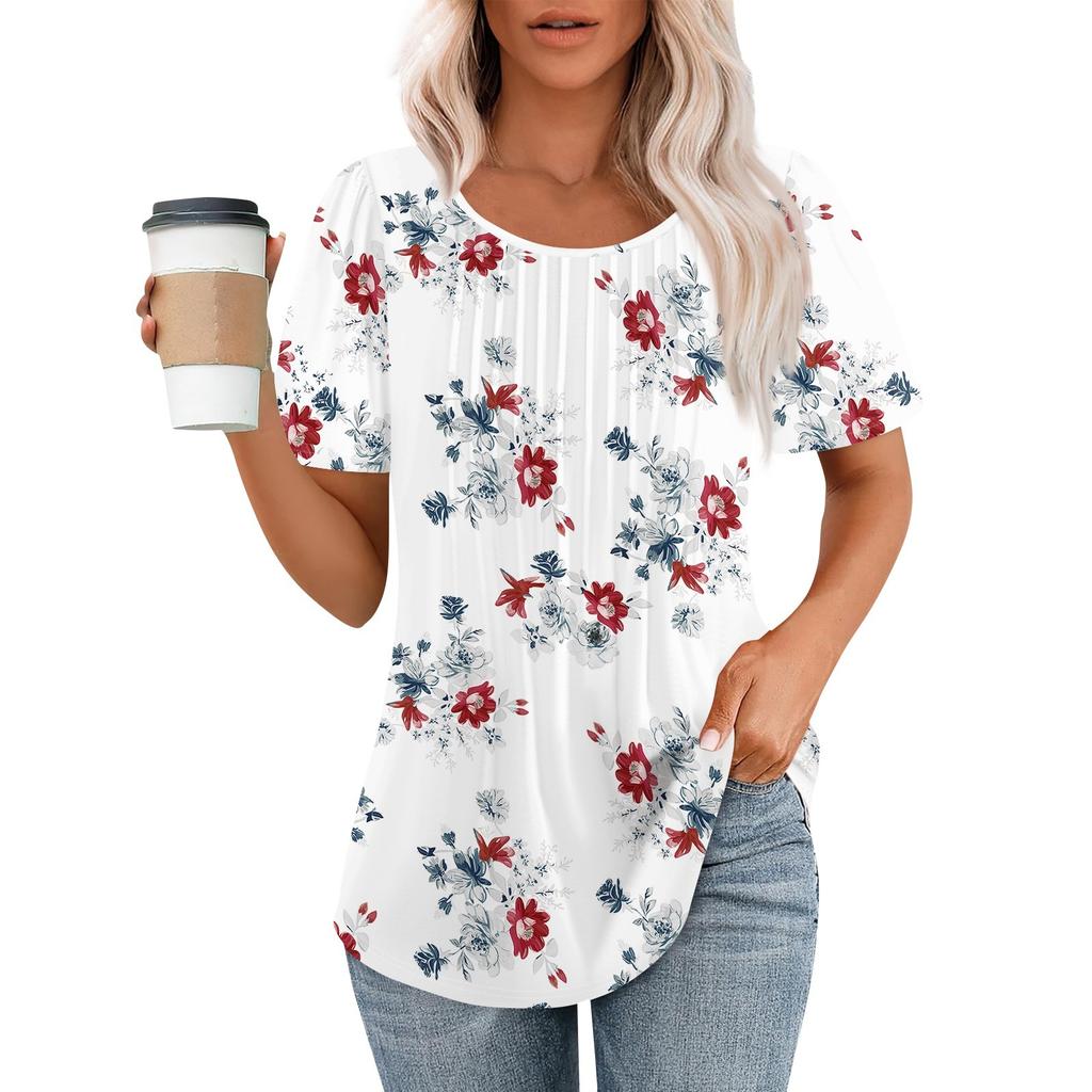 Women's Fashionable Casual Pleated Round Neck Printed Short Sleeved T-shirt Top