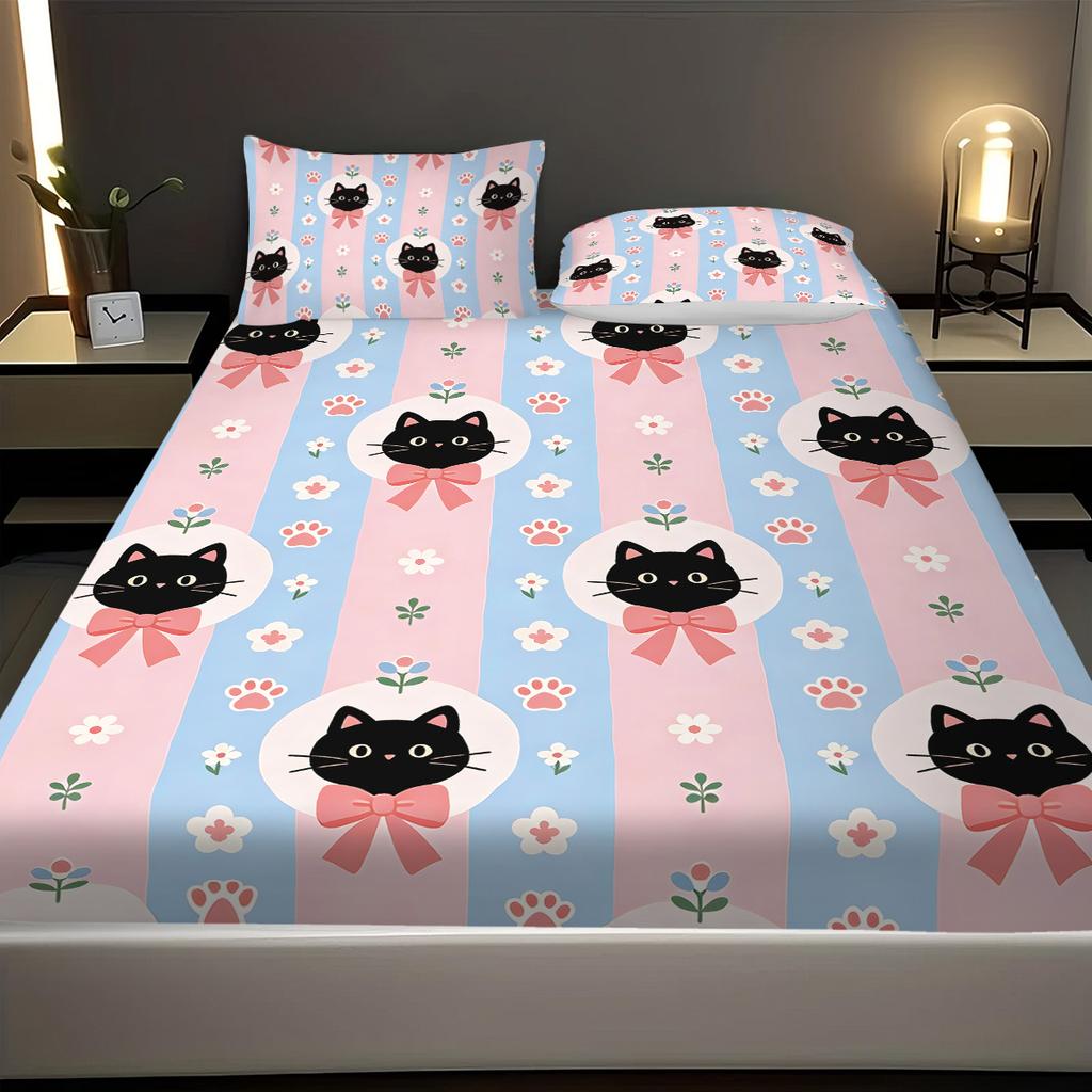 3pcs Cartoon Cute Cat Printed Chipless Bed Sheet Set Multi Size Soft Bed Cover Bedroom Bedding Decoration