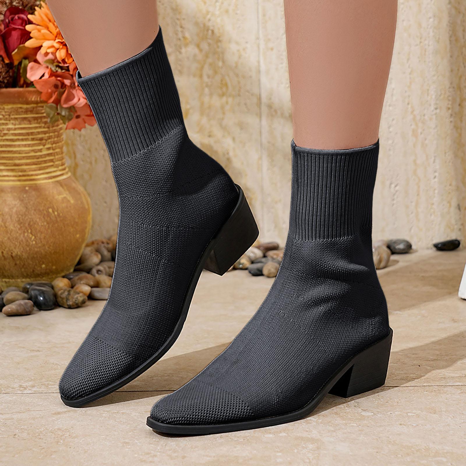 

Women s Elegant Commuting Women s Thick Heeled Knitted Socks Boots Pointed Toe Thick Heeled Ankle Boots Womens Rain Boots 8 36 чёрный